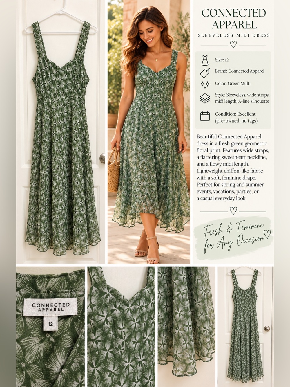 Connected Apparel Olive Green Floral Midi Dress